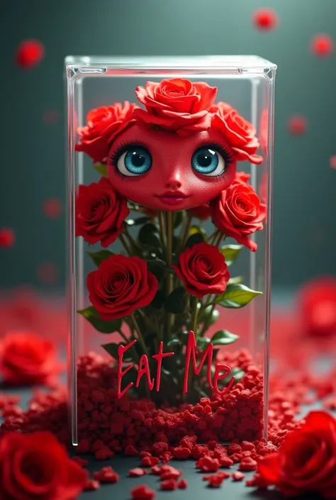 Bright red roses sweet and tender eyes in a glass box that says eat me with pretty letters 