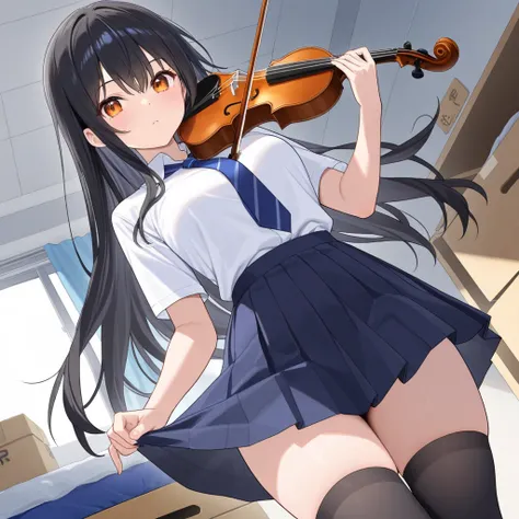 ( Masterpiece,  top quality:1.2)、Alone、morning、Storage room、break、 high school girl、grace、Playing the violin、break、 shirt、 Navy Blue Pleated Skirt、 blue ribbon tie、 black knee-high socks、Pay attention to the thighs、Neat black hair、Amber Eyes、 long hair、( t...