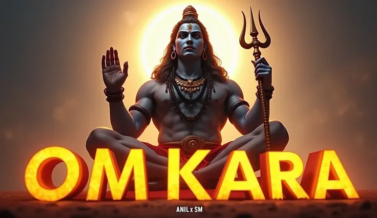 A realistic image of Lord Mahadev (Shiva) from a low-angle perspective, looking up at him. He is sitting majestically, holding a trident (Trishul) in one hand while giving a blessing (Ashirwad) with the other. Mahadev has a muscular and powerful physique. ...