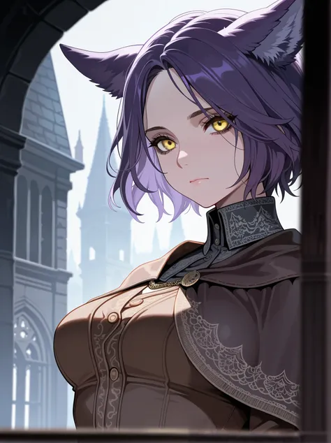 1woman, adult female, solo, short hair, yellow eyes, purple hair, closed mouth, purple wolf ears, medium breast, bloodborne, Blurred foreground,depth of field, masterpiece,best quality,amazing quality,