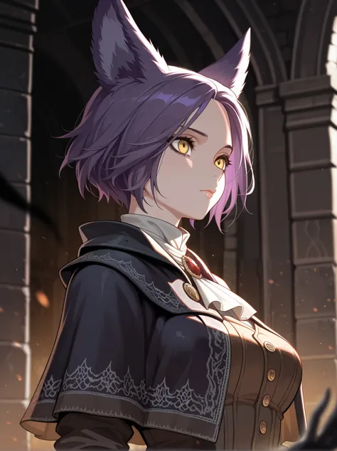 1woman, adult female, solo, short hair, yellow eyes, purple hair, closed mouth, purple wolf ears, medium breast, bloodborne, Blurred foreground,depth of field, masterpiece,best quality,amazing quality,