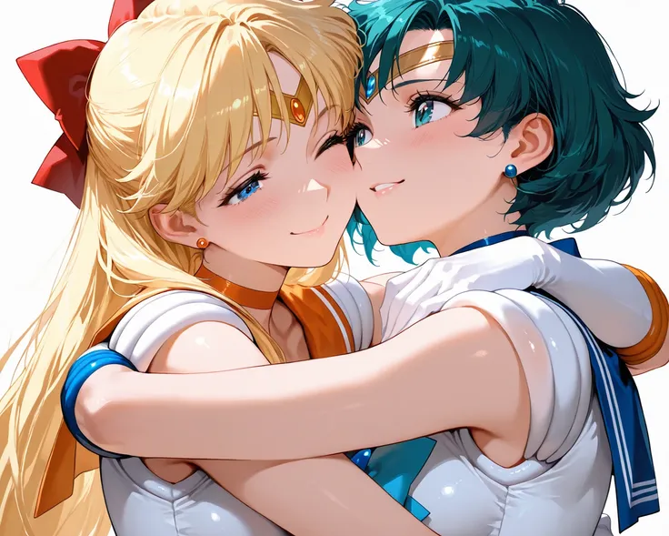 2girls, hug each other, upper body, Ultra detailed, best quality, beautiful, masterpiece,
BREAK
sailor mercury, embarrassing,
BREAK
sailor venus, smile,