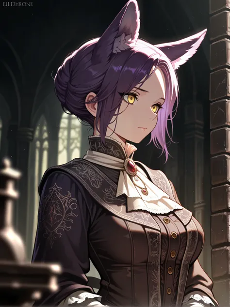 1woman, adult female, solo, short hair, yellow eyes, purple hair, closed mouth, purple wolf ears, medium breast, bloodborne, eldritch, victorian, dark fantasy, Blurred foreground,depth of field, masterpiece,best quality,amazing quality,