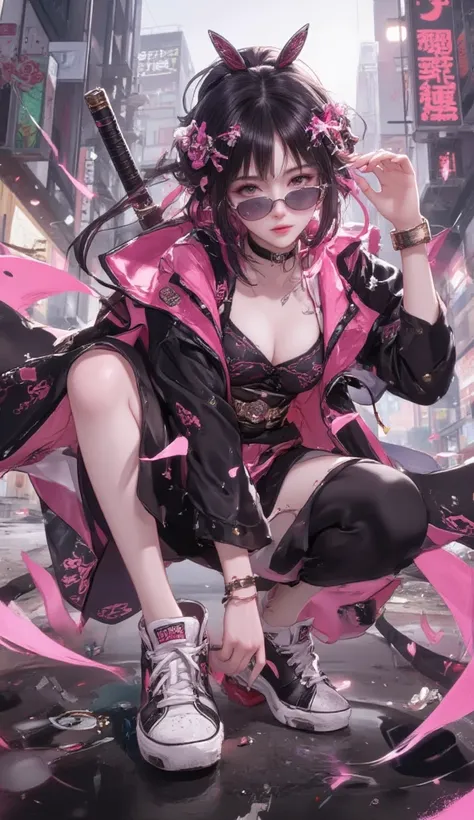 a woman anime, urban samurai, pink and black color scheme, beautiful anime face, sunglasses, short, wearing sneaker, text Japanese, 