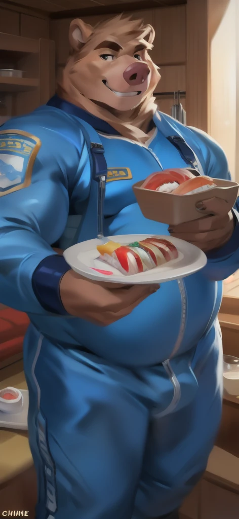  alone , Male tall , Big torso ,Standing , den , pig bear,Holding a tray with sushi food., portrait pose, Blue Military Spacesuit,  Overweight ,  Muscle Bundle, smirking psychosis, by chunie ​