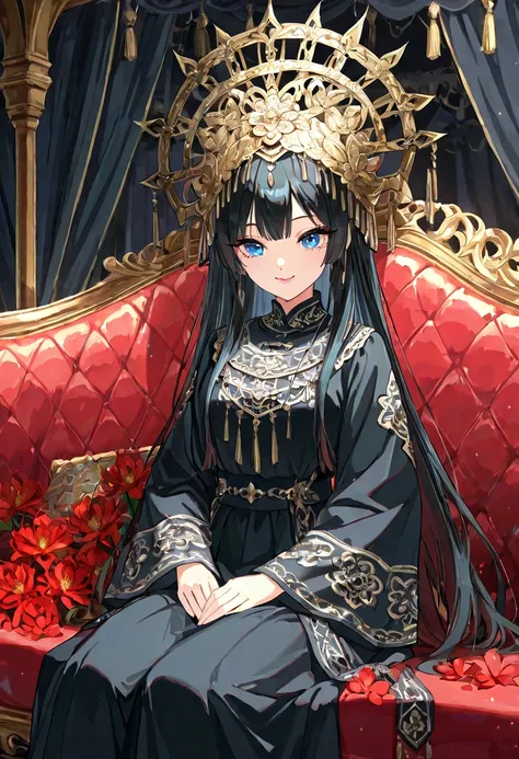 1girl, solo, masterpiece, best quality, (anime art style:1.0), , wearing miaofashion, miaofashion headdress, waist-up, ornate clothing, happy, long hair, red flowers, blue eyes, extremely detailed, sitting seductivly on a gold couch, canopy room interest, ...