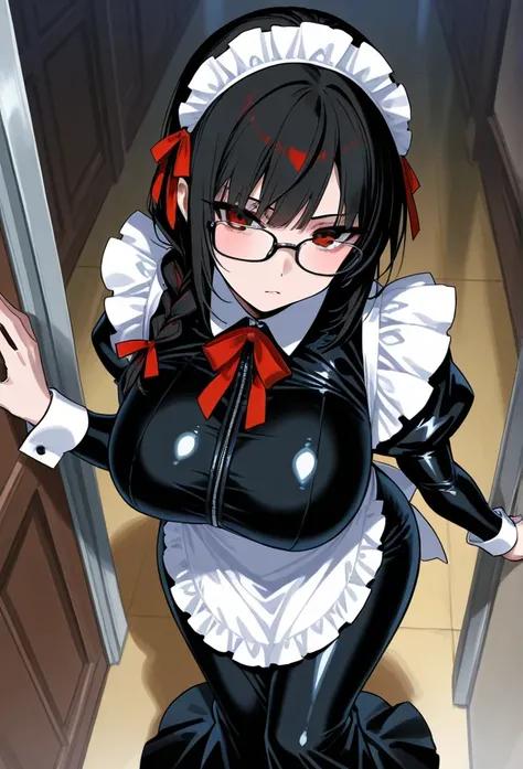 1girl, solo, kurokami, black rimmed glasses, curvy, maid girl, large breasts, maid catsuit, maid skirt, long skirt, standing, braid ribbon, cropped bangs, from above,  