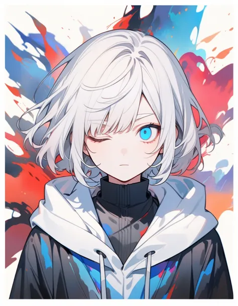 Highly detailed, 4K, wonderful, beautiful gradation, sui ishida, beautiful blue and red feathers, watercolor, no, cevioAI, anime character, 1 character only, 1 boy, upper body, portrait, (abstract background), White hair, medium bob, innocent face, cute, [...