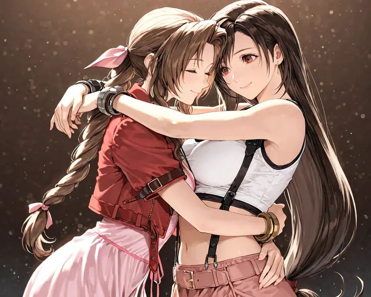 2girls, hug each other, cowboy shot, Ultra detailed, best quality, beautiful, masterpiece,
BREAK
Aerith Gainsborough, smile,
BREAK
Tifa Lockhart, smile,