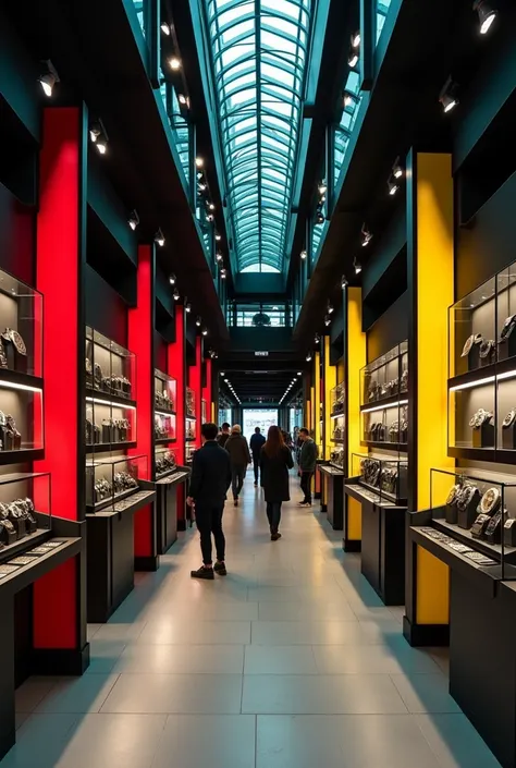 A department store between a jewelry store and a watch store that sells modern and trendy devices and that is full of people in the city center with colors: black, red, yellow, dark green, neon, white 