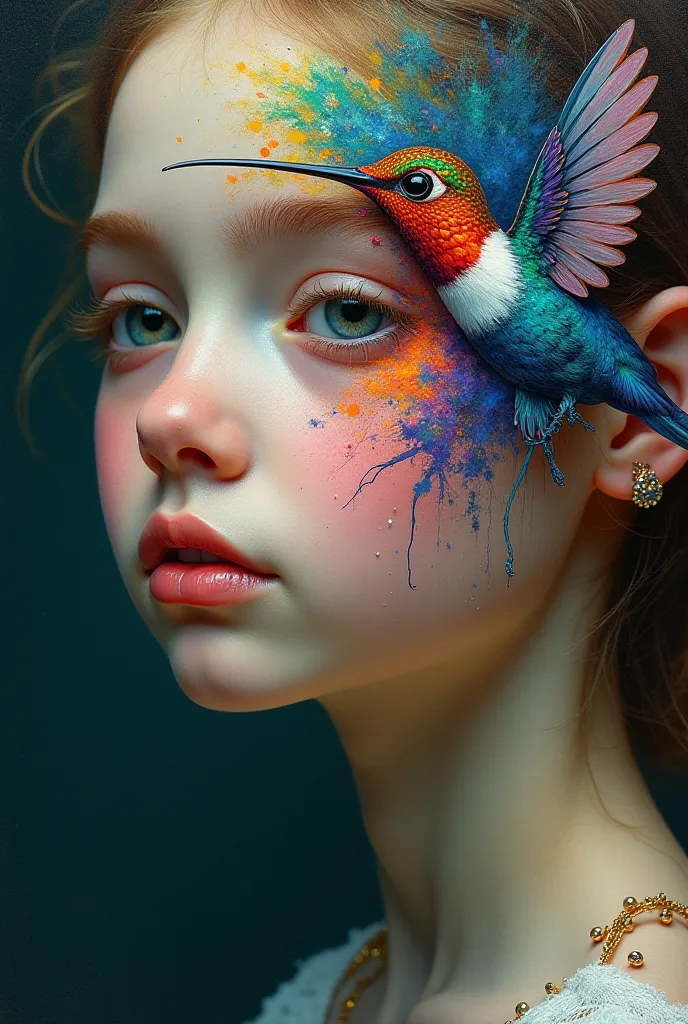 It generates a surreal face of a young girl in the foreground with vibrant colors inside her face and a hummingbird bird painted in oil 