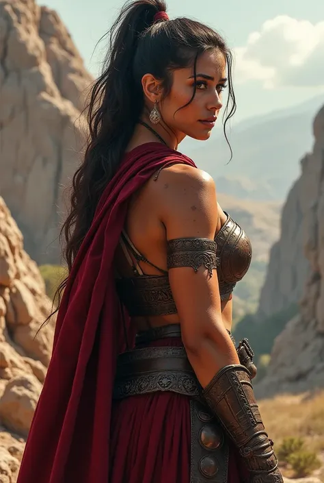 A powerful Spartan woman looking over her shoulder. His eyes are stately and full of battles and his body is strong and healthy.