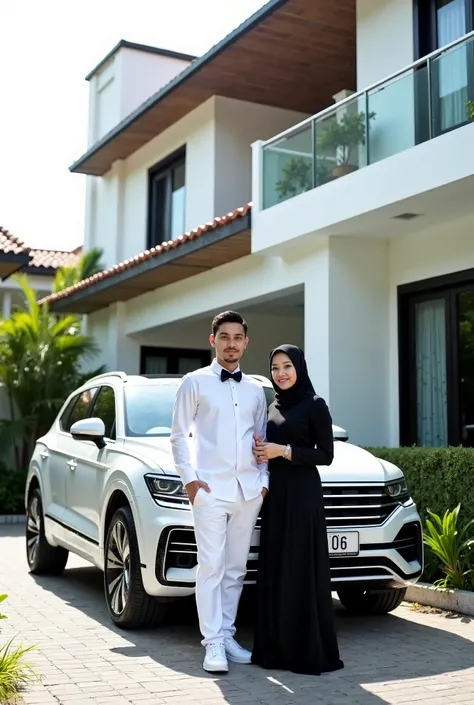 A cool and casual 6' tall Malay man in white attire, standing confidently next to his beautiful 5' 7" tall Malay wife in a black abaya and hijab. They are positioned beside a new, sleek white Volkswagen Touareg. The couple is in front of a two-stories Medi...