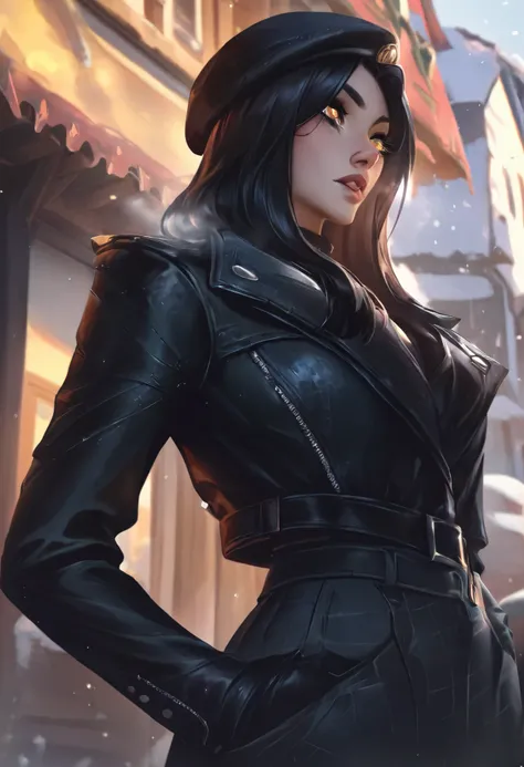 best quality, masterpiece \(quality\), L0LSPL4SH, year2024, year2023, 1girl, West Studio, upper body, solo, taller frame, dominant posture, dommy mommy, cold, yellow eyes, detailed eyes, long black hair, wearing a beret, black leather jacket, golden jewerl...