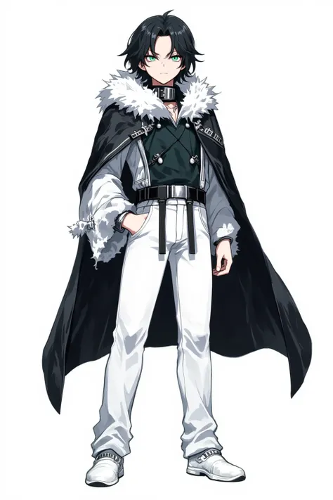 A white-skinned male character with ,  green eyes,  dark hair and wearing a coat with white fur along with a black cape on the back/shoulders, He also wears standard white pants and a white shoe , He has to look menacing , manga style,  but with a version ...