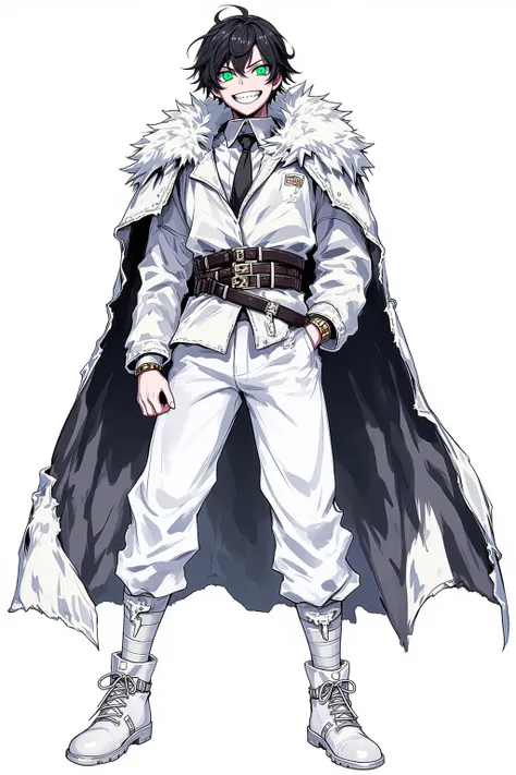 A white-skinned male character with ,  green eyes,  dark hair and wearing a coat with white fur along with a black cape on the back/shoulders, He also wears standard white pants and a white shoe , He has to look menacing , manga style,  but with a version ...