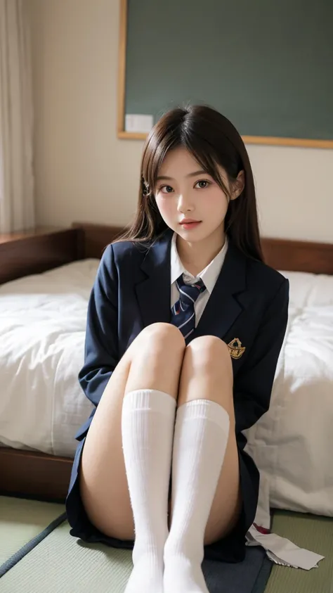  Japanese girl、
bedroom
long sleeve school uniform、 white high socks