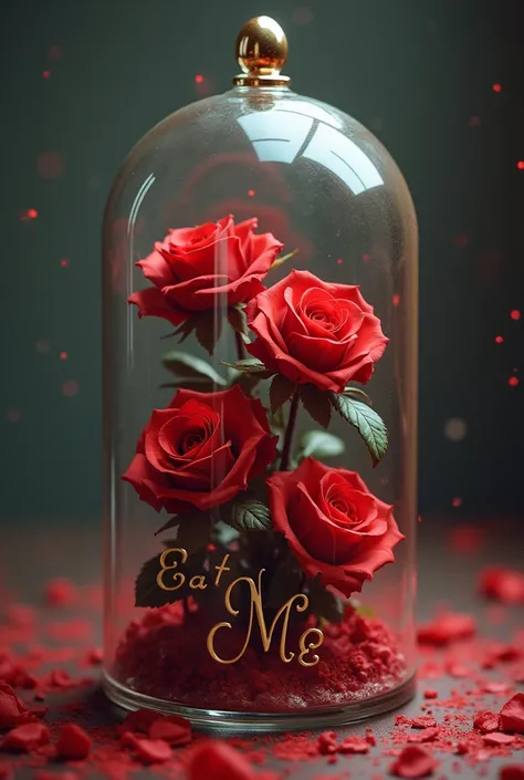 Bright red roses sweet and tender eyes in a glass box that says eat me with pretty letters 