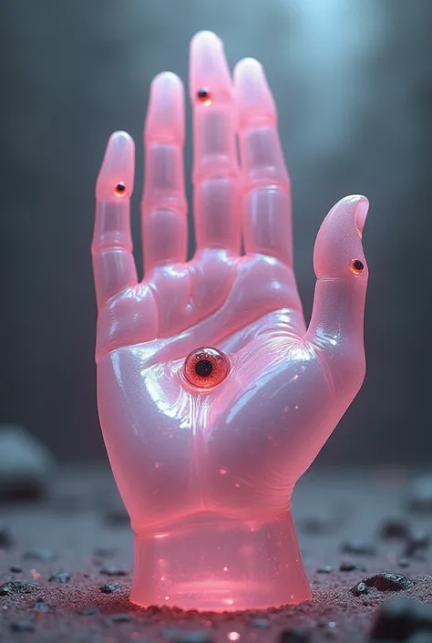 The palm of a hand made of pink glass, The hand has 8 eyes in the palm