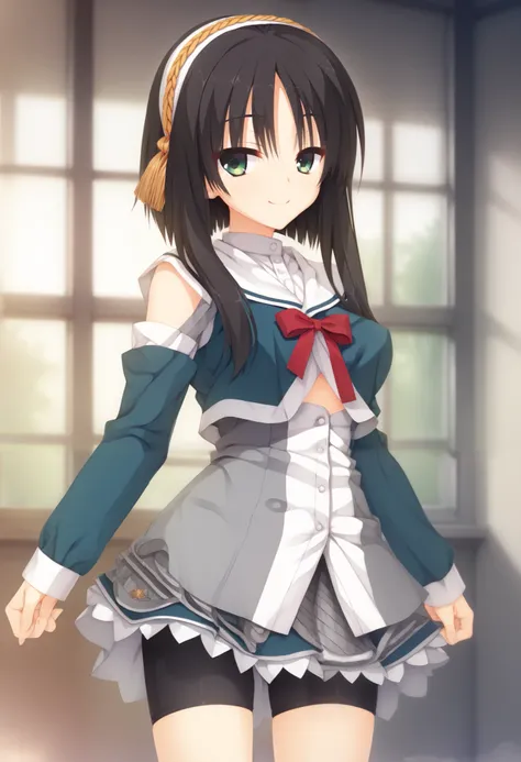 yuzu-soft, soft_shading, shiny, lighting, blurry background, very aesthetic, anime cg, official_art, game cg,1girl, solo, hitachi mako, senren banka, black hair, short_hair_with_long_locks, sidelocks hair, hairband, tassel, school_uniform,school_uniform, w...