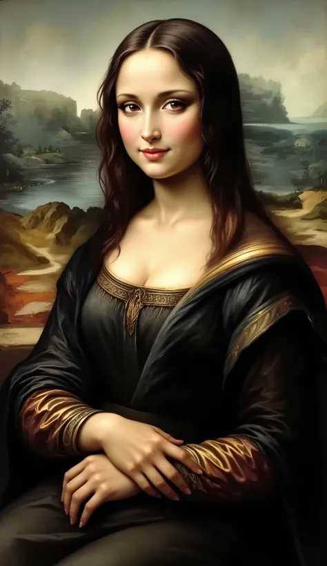 This image is a photograph of a classical oil painting by Leonardo da Vinci, known as "Mona Lisa." The painting features a half-length portrait of a woman with a serene expression, set against a softly blurred background. The woman's eyes are enigmatic, ga...