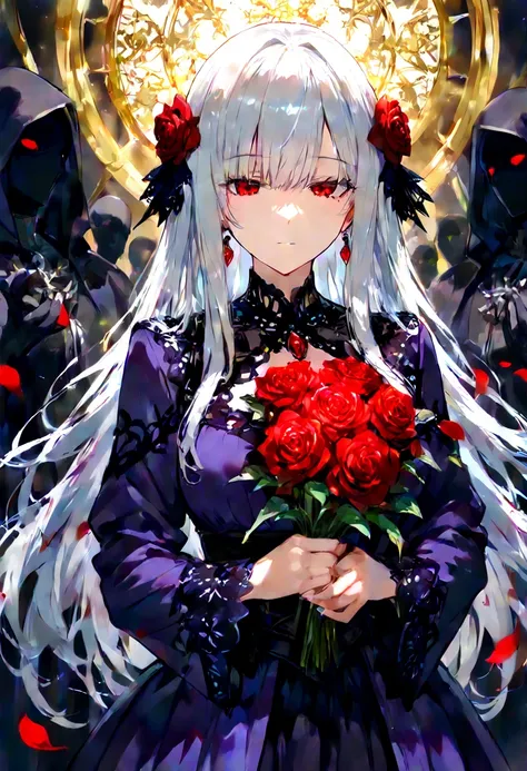  masterpiece,  better quality,  ultra-detailed, 748cmstyle, a young girl with long silver hair and red eyes Brillanti is in a garden illuminated by the moon,  surrounded by dark roses and floating petals ,  her dark clothes are fringed and flows elegantly ...