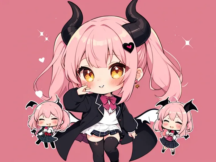  1 girl, solo,  look,  smiles,  Shortcut,  heart shaped earrings,  Glitter Effect , long view,  (blowing kiss:1.3),  looking at viewer, (chibi-style :1.5),  A chibi-style high school gal with small devil horns and a playful, spade-shaped tail. She has long...