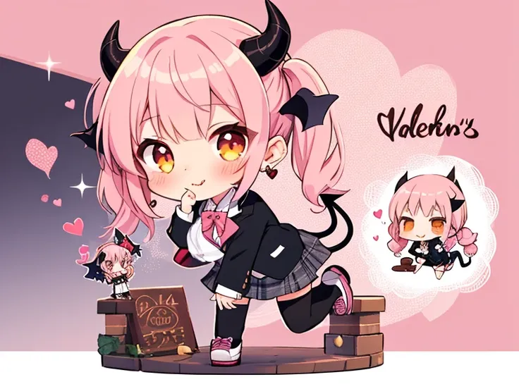  1 girl, solo,  look,  smiles,  Shortcut,  heart shaped earrings,  Glitter Effect , long view,  (blowing kiss:1.3),  looking at viewer, (chibi-style :1.5),  A chibi-style high school gal with small devil horns and a playful, spade-shaped tail. She has long...