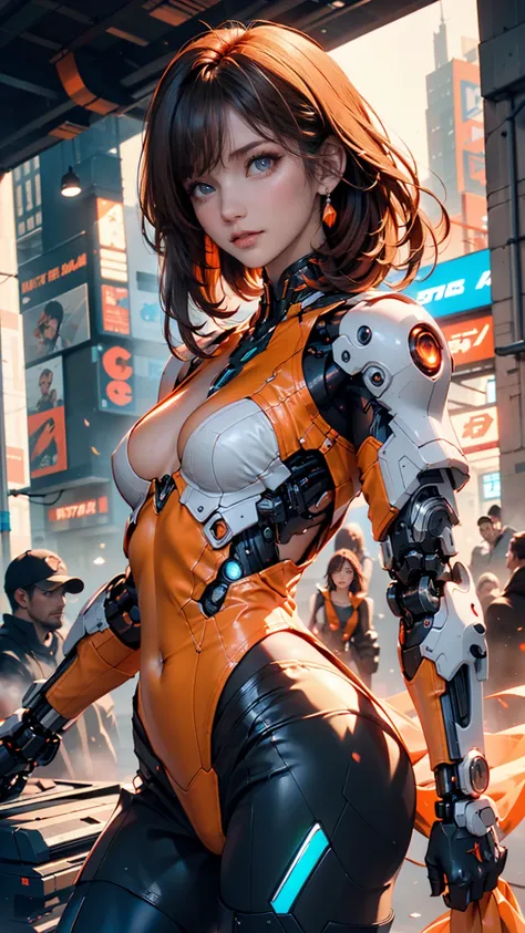 ( Software),  complicated details,  1 girl,   night , (Bright neon colors), ((Flying over a futuristic cyberpunk city)),  detailed background , ( Petite Cyborg Girl, (( Pretty and Perfect Face , Bright red eyes)), ( perfect anatomy,  small, firm breasts th...