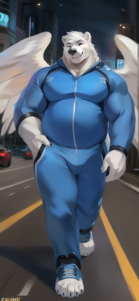      alone, Male tall     ,   big body  ,stand, road,polar bear​, ,  Large Puppy with Wings,  Big Hawk Universe  , Tall Angel , blue military spacesuit​,    Overweight   ,      Muscle Bound   ,  smiley , by chunie     