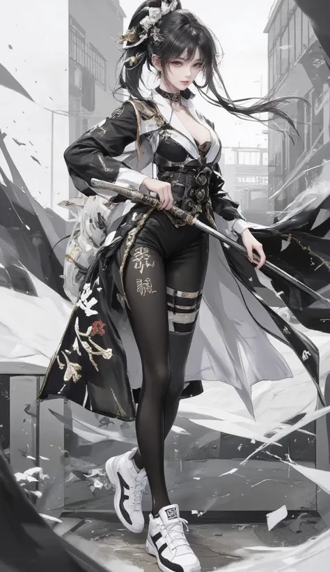 a woman anime, urban samurai, white and black color scheme, beautiful anime face, short, wearing sneaker, text Japanese, 