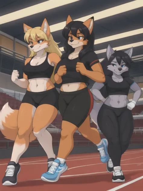 Furry, fox, wolf, girls, female, friends, trio, competition, black shirt, black spandex bike shorts, shoes, indoor running track, competition, full body