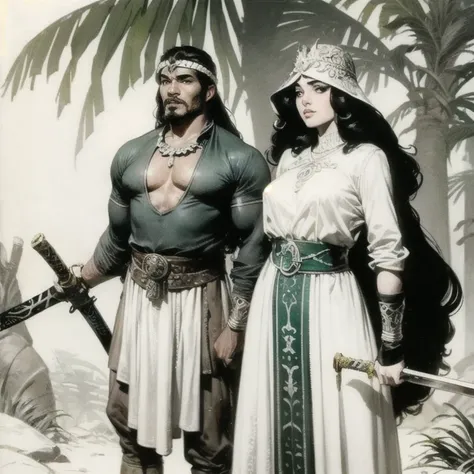 Detailed art style John Buscema,1homem,a tie , long black hair,Dark eyes,virile, white skin,wearing Celtic clothing, standing with a long sword in their hands and an African princess at their side,Meulher, curly hair ,white, black eyes,black skin tone,volu...