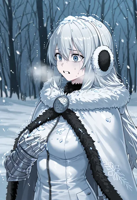  white leather ornament , distressed mature mother with medium breasts and long hair full of snow and ice and frost shivering in the cold,  desperate and frightened expression , worried, worried, weak in the cold ,  can't stand the cold any longer , Cold b...