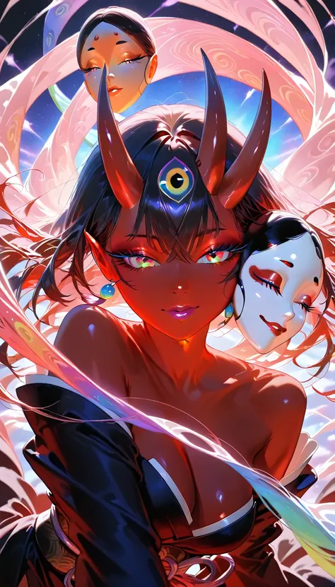  A Powerful Woman Oni , beautiful  detailed eyes, beautiful  detailed lips, extremely  detailed eyes and face,  long lashes,  dark skin tone ,  Japanese demon mask Noh , flowing garments, Attacking With Love ,  fantastic creature ,  vivid and colorful, mat...