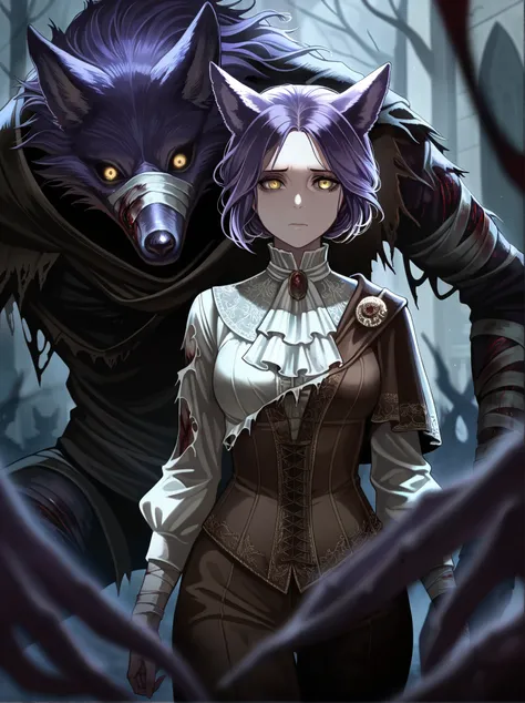 1woman, adult female, solo, short hair, yellow eyes, purple hair, closed mouth, purple wolf ears, medium breast, bloodborne, eldritch, victorian, dark fantasy, wounded, bandaged, tattered clothes, monster, Blurred foreground,depth of field, masterpiece,bes...