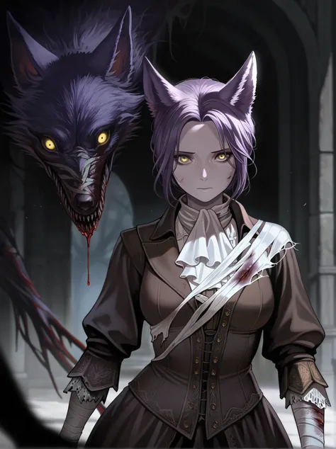 1woman, adult female, solo, short hair, yellow eyes, purple hair, closed mouth, purple wolf ears, medium breast, bloodborne, eldritch, victorian, dark fantasy, wounded, bandaged, tattered clothes, monster, Blurred foreground,depth of field, masterpiece,bes...