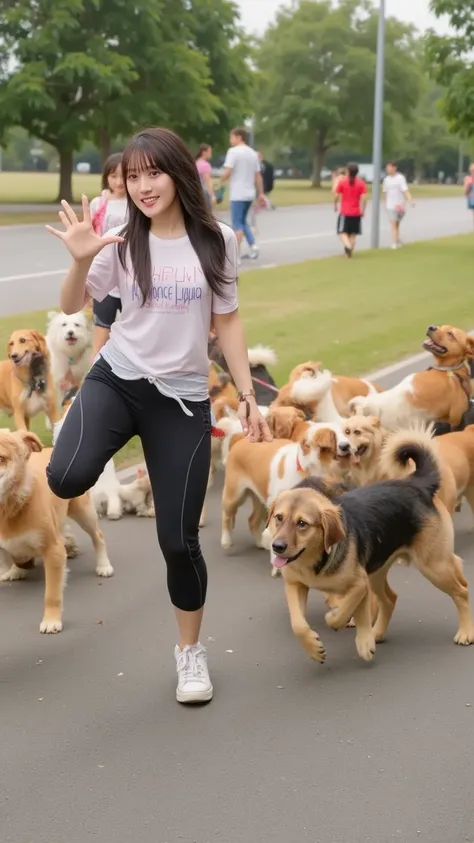 "An image of a woman being chased by a large pack of dogs in a park or city street. The woman is running with a look of shock and excitement on her face, wearing casual athletic clothing like a T-shirt, leggings, and sneakers. Around her, a diverse group o...