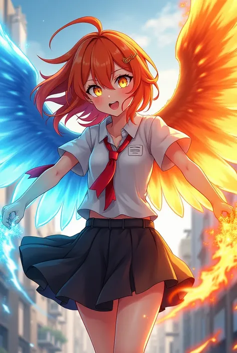  anime style、 active high school girl、Hair mixed with orange and red、 golden eyes、 have wings、The left wing is ice、The right wing is fire