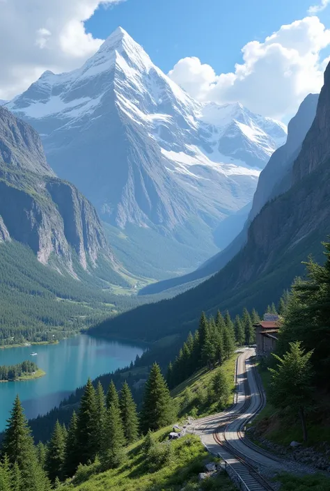 Mountain、lake、forest、Mountain岳鉄道がMountainの上まで走っている、 beautiful landscape、Railroad close up