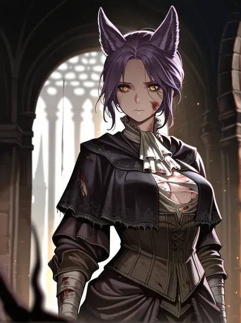 1woman, adult female, solo, short hair, yellow eyes, purple hair, closed mouth, purple wolf ears, medium breast, bloodborne, eldritch, victorian, dark fantasy, wounded, bandaged, tattered clothes, hunter, Blurred foreground,depth of field, masterpiece,best...