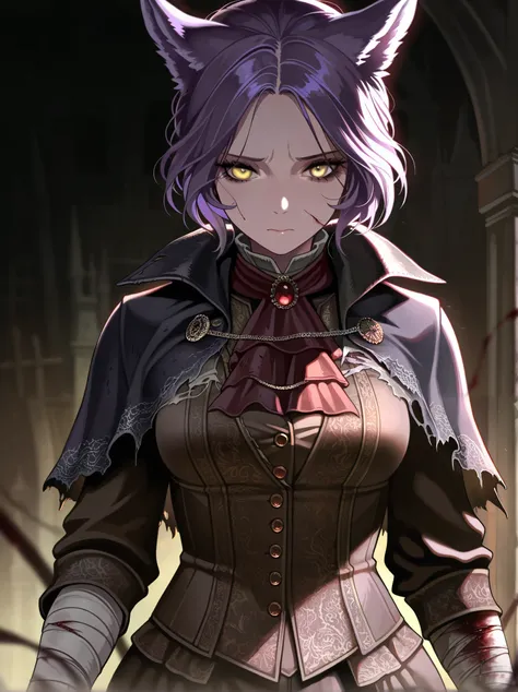 1woman, adult female, solo, short hair, yellow eyes, purple hair, closed mouth, purple wolf ears, medium breast, bloodborne, eldritch, victorian, dark fantasy, wounded, bandaged, tattered clothes, hunter, Blurred foreground,depth of field, masterpiece,best...