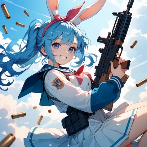 I have an assault rifle on the battlefield。There are bullets flying in the air around。Wear a sailor suit with blue hair、A cute smiling girl with a rabbit headband on her head。