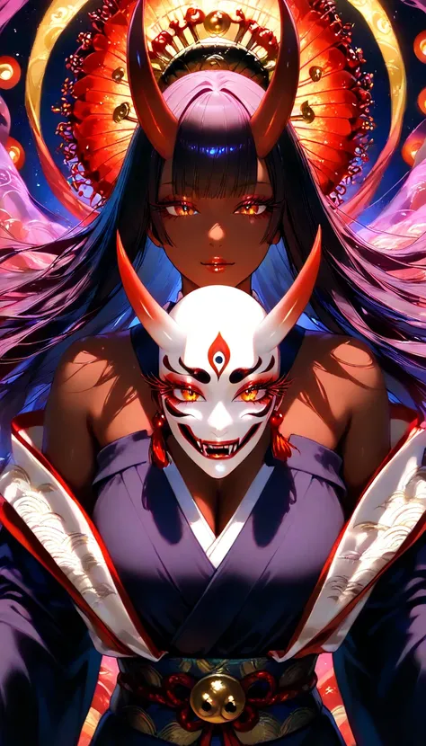  A Powerful Woman Oni , beautiful  detailed eyes, beautiful  detailed lips, extremely  detailed eyes and face,  long lashes,  dark skin tone ,  Japanese demon mask Noh , flowing garments, Attacking With Love ,  fantastic creature ,  vivid and colorful, mat...