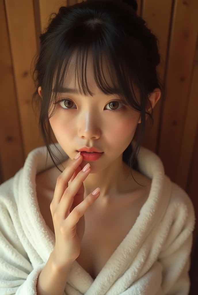 hyper-realistic，Japanese high school girl，Very heavy vertical hair，Wrapped with white towel， full body ，In the sauna，Best Quality Photos，  16K Ultra HD Resolution   ，  Masterpiece:1.2，extreme details，Reality圖片（Reality:1.37)，   Girl's Eyes Full of Beautiful...