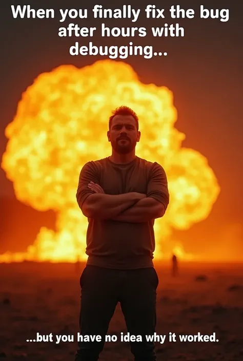 **Top text:** *When you finally fix the bug after hours of debugging...*  

**Image:** A person proudly standing with arms crossed, with a fiery explosion in the background.  

**Bottom text:** *...but you have no idea why it worked.*