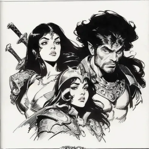  a drawing of a man with a knife and a sword,   Frank Frazetta manga style  ,  Bernie Wrightson style , Marcos Brooks Frank Frazetta, Frank Frazetta style, inspired by Bernie Wrightson, Neal Adams--- | portrait,  Illustration by Conan , The Barbarian ,  in...