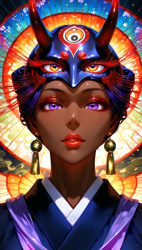  A Powerful Woman Oni , beautiful  detailed eyes, beautiful  detailed lips, extremely  detailed eyes and face,  long lashes,  dark skin tone ,  Japanese demon mask Noh , flowing garments, Attacking With Love ,  fantastic creature ,  vivid and colorful, mat...