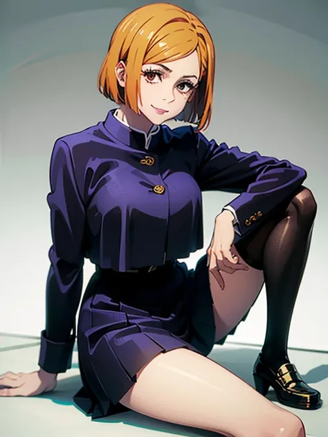  Hi-Res,  Masterpiece, accurate,  anatomically correct,  has won many awards,  top quality,  super high heels,  textured skin,  bob hair,   straight hair,  Orange Hair, chest,  Brown Eyes,  simple background,  1 girl, solo, Jujutsu Kaisen, Master of Fine A...