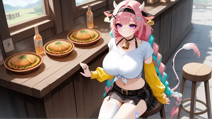  varesa (genshin impact) a girl in a cowboy hat sitting on a stool, bell in a ear, solo, very long hair, cow ears, black skirt, headband, tied shirt, black skirt, white horns, twin braids, belt, streaked hair, multicolored hair, pink hair, aqua hair, purpl...